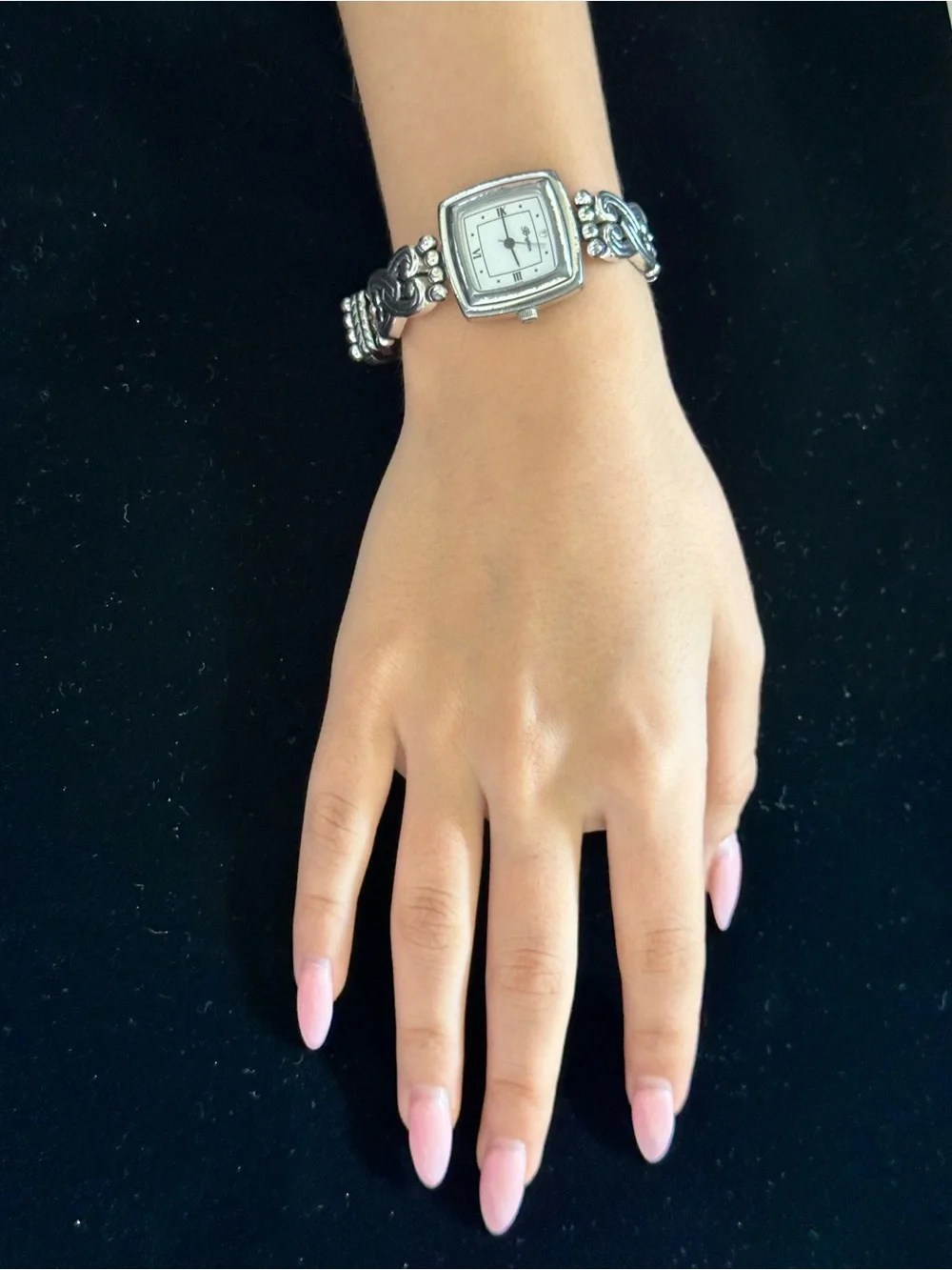 Brighton Silver-Tone Ornate Bracelet Watch with White Dial